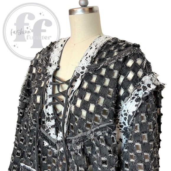 POL Black Laser Cut Openwork Crochet Lace Up Hoodie Top - Picture 6 of 6